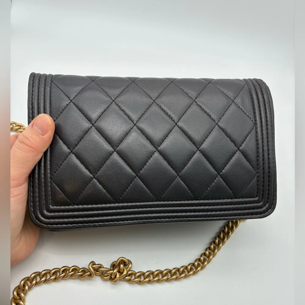 Chanel Quilted Dark Grey Le Boy Wallet WOC Lambskin Leather Crossbody bag